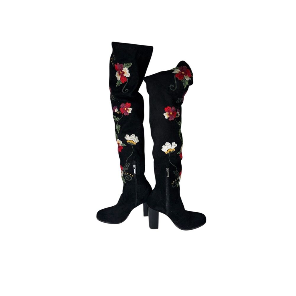 Sam Edelman "Vena" Embroidered Over The Knee Black Suede Boots Women's US 7